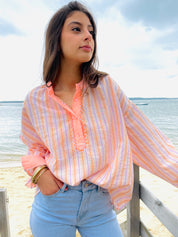 Rose Sable – Chemise Rayée Rose Corail à Détails Contrastés
