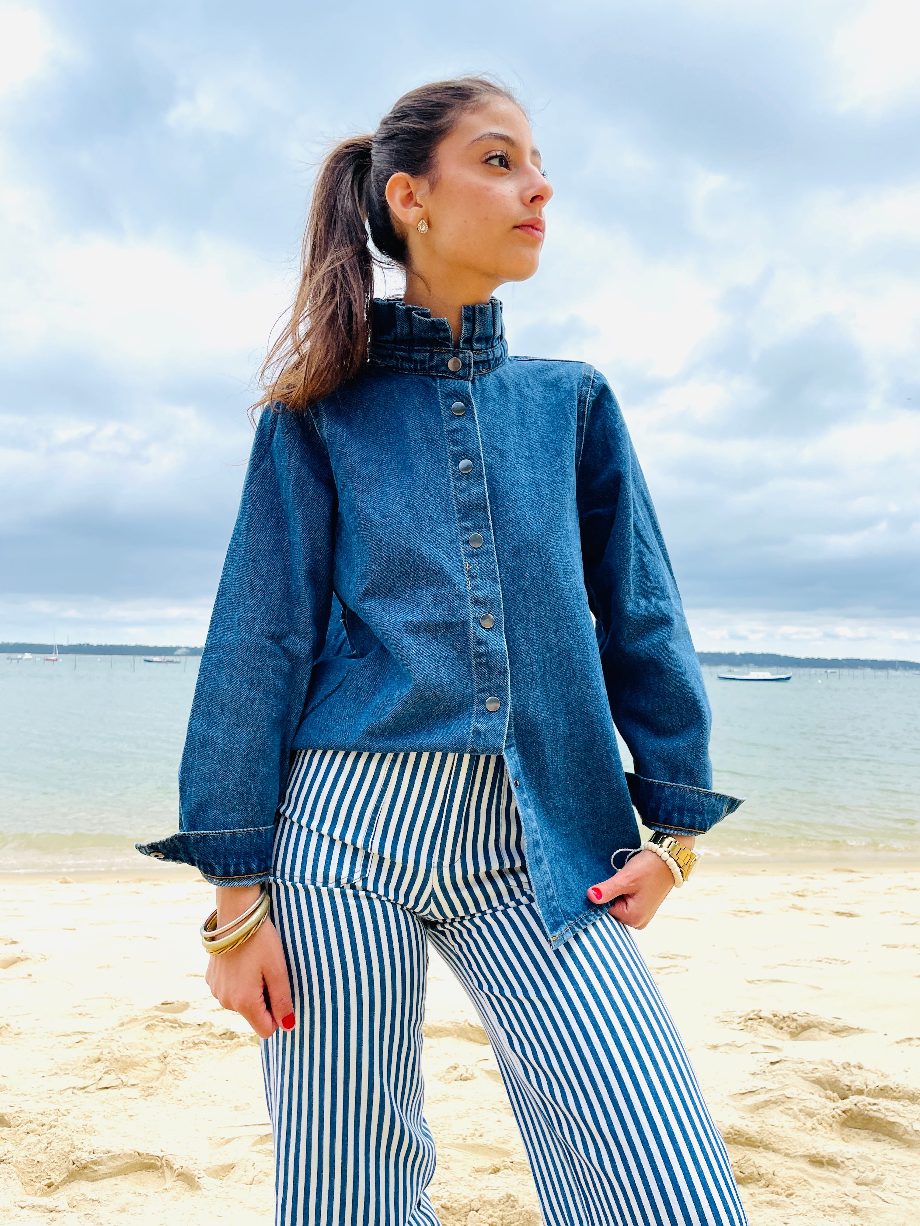 Capitaine Denim – Surchemise Col Froncé en Jean Bleu Brut