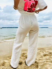 Soleil Vanille – Pantalon Large en Lin Blanc Cassé