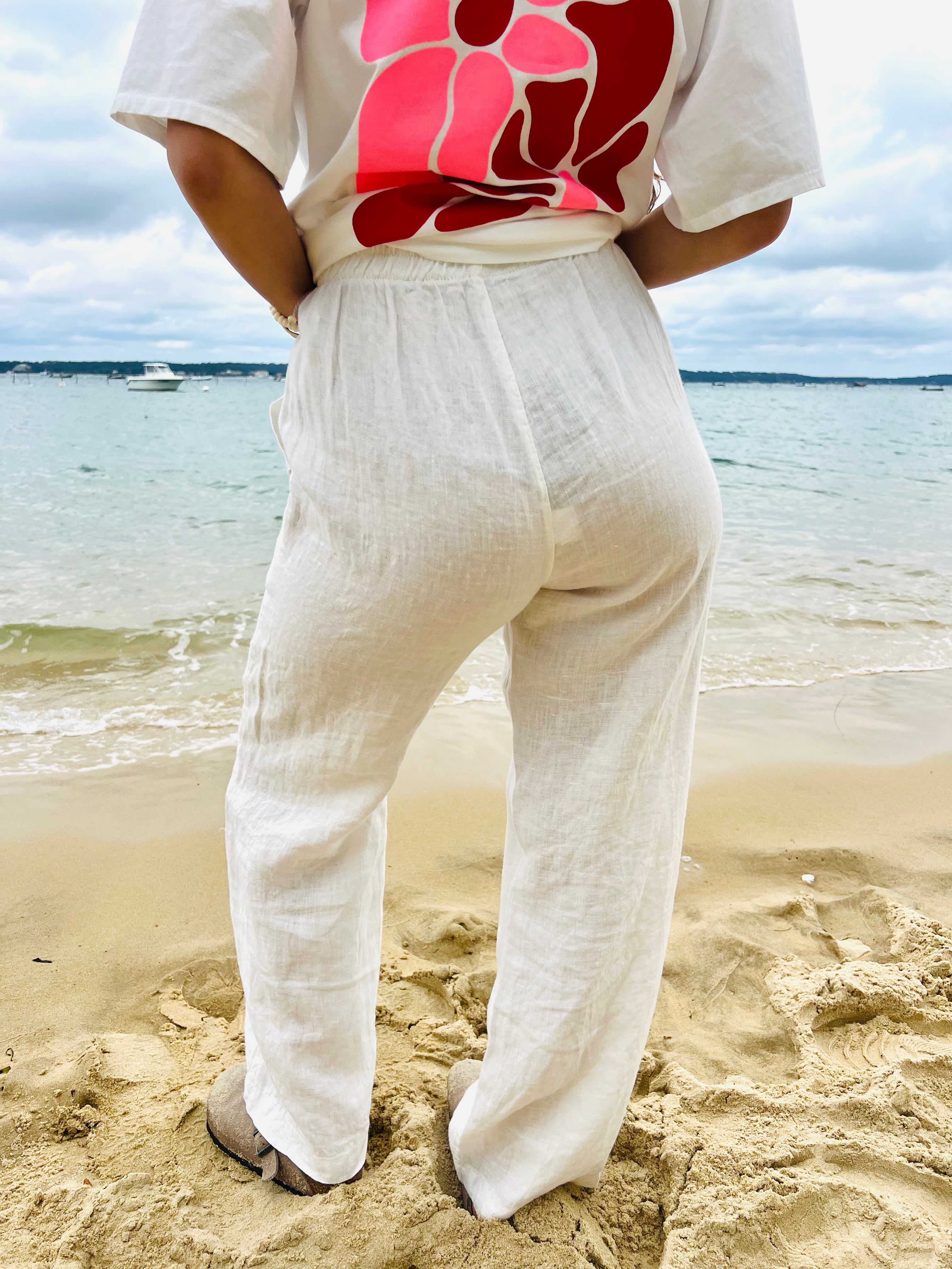 Soleil Vanille – Pantalon Large en Lin Blanc Cassé