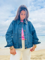 Marine d’Ancre – Veste en Jean Brut à Boutons Contrastés